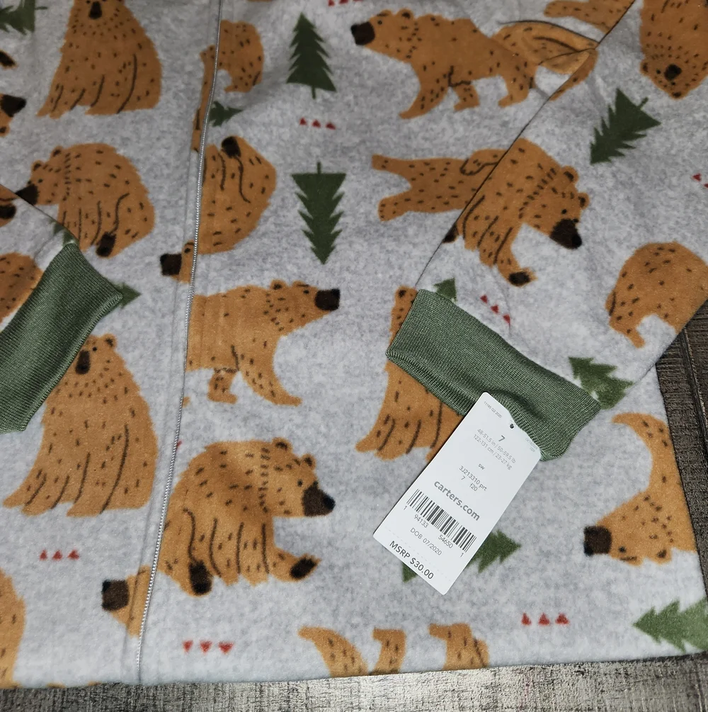 NWT Carter's Gray Fleece Baby Zip Hoodie with Brown Bear Print